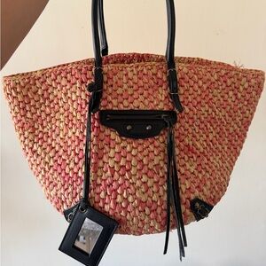 Balenciaga Pink and Natural Woven Tote with Black Trim